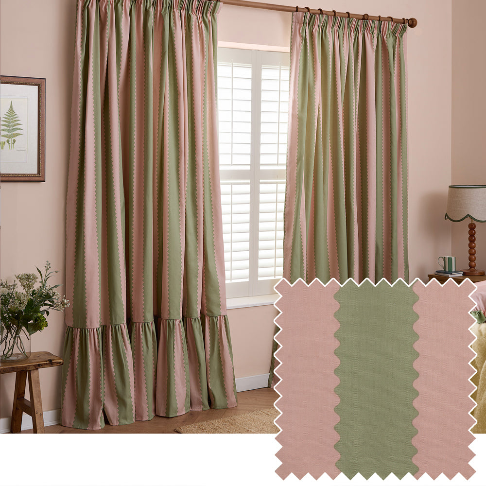 Birdie Stripe Fully Lined Ruffle Pencil Pleat Curtains Pink/Green
