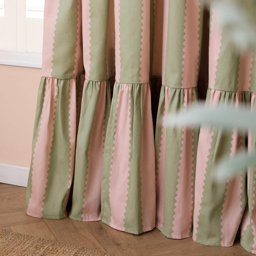 Birdie Stripe Fully Lined Ruffle Pencil Pleat Curtains Pink/Green