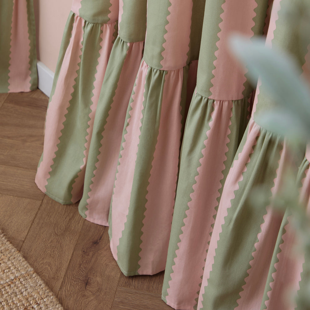 Birdie Stripe Fully Lined Ruffle Pencil Pleat Curtains Pink/Green