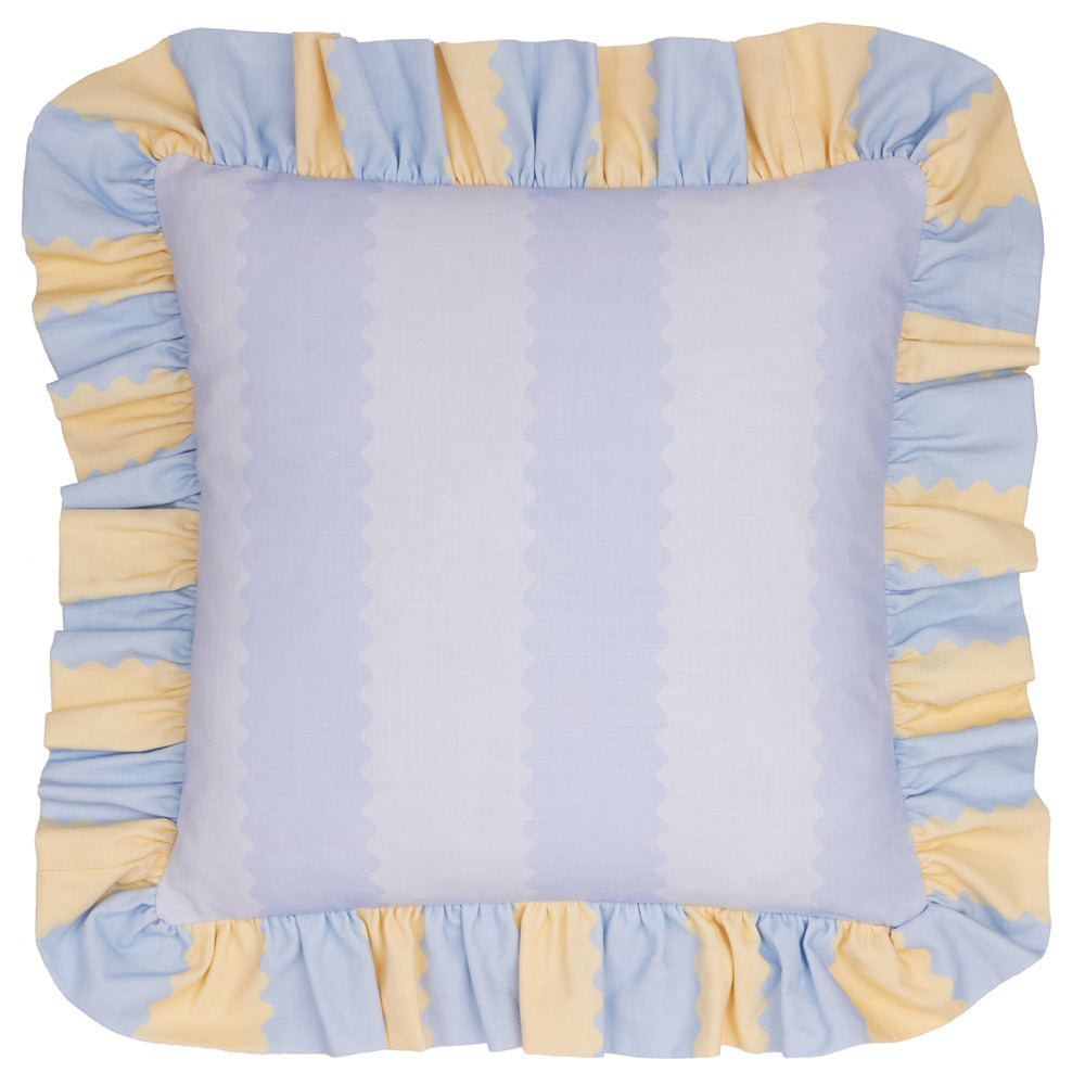 Birdie Stripe Ruffle Cushion Lemon/Sky