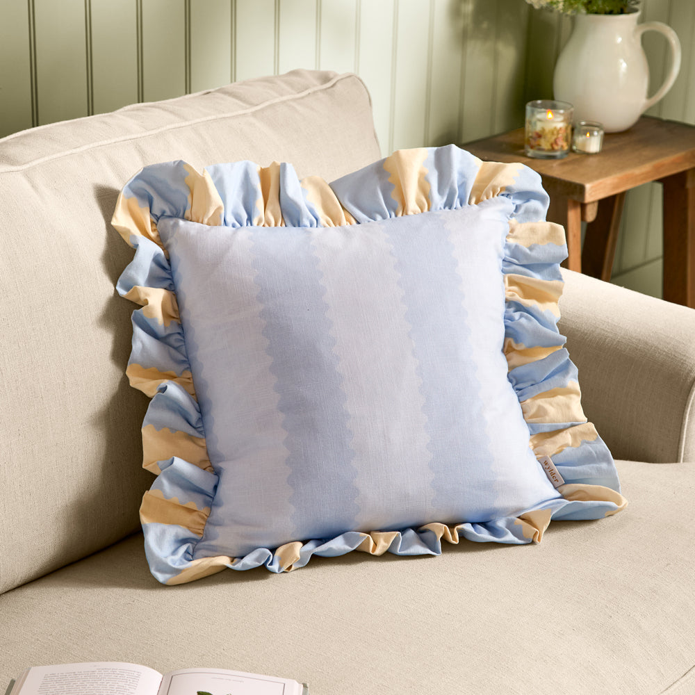 Striped Yellow Cushions - Birdie Stripe Ruffle Cushion Cover Lemon/Sky Wylder
