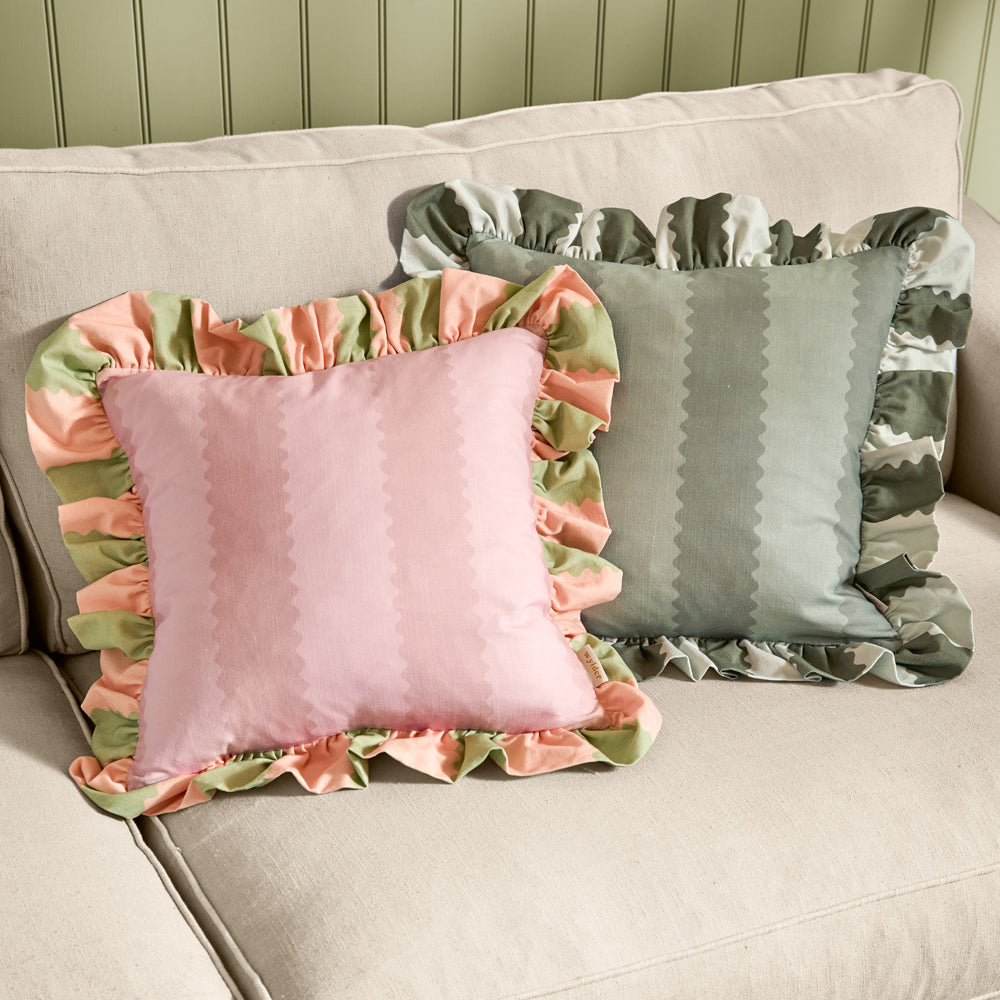 Birdie Stripe Ruffle Cushion Pink/Green