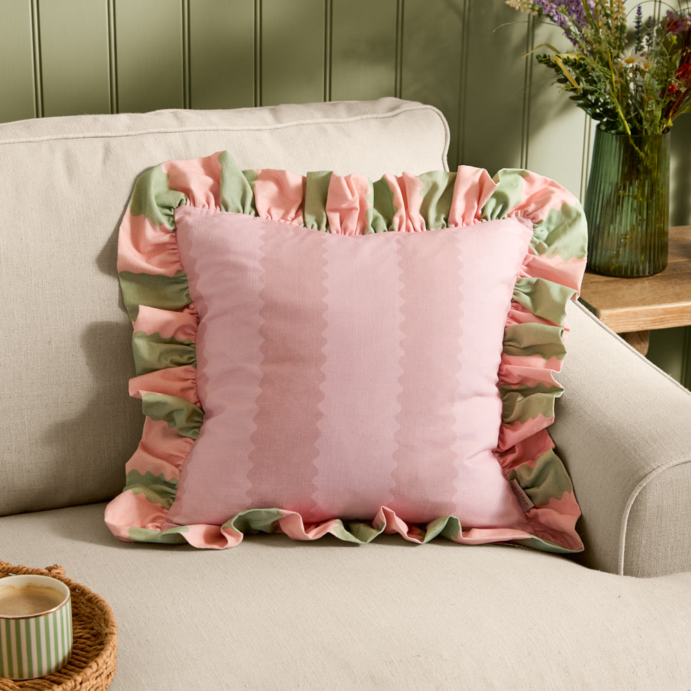 Striped Pink Cushions - Birdie Stripe Ruffle Cushion Cover Pink/Green Wylder