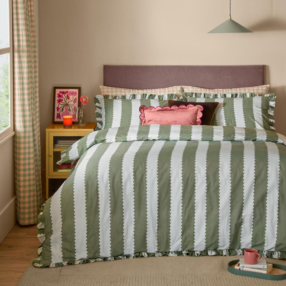 Birdie Stripe Ruffle Duvet Cover Set Bay Green/Mist