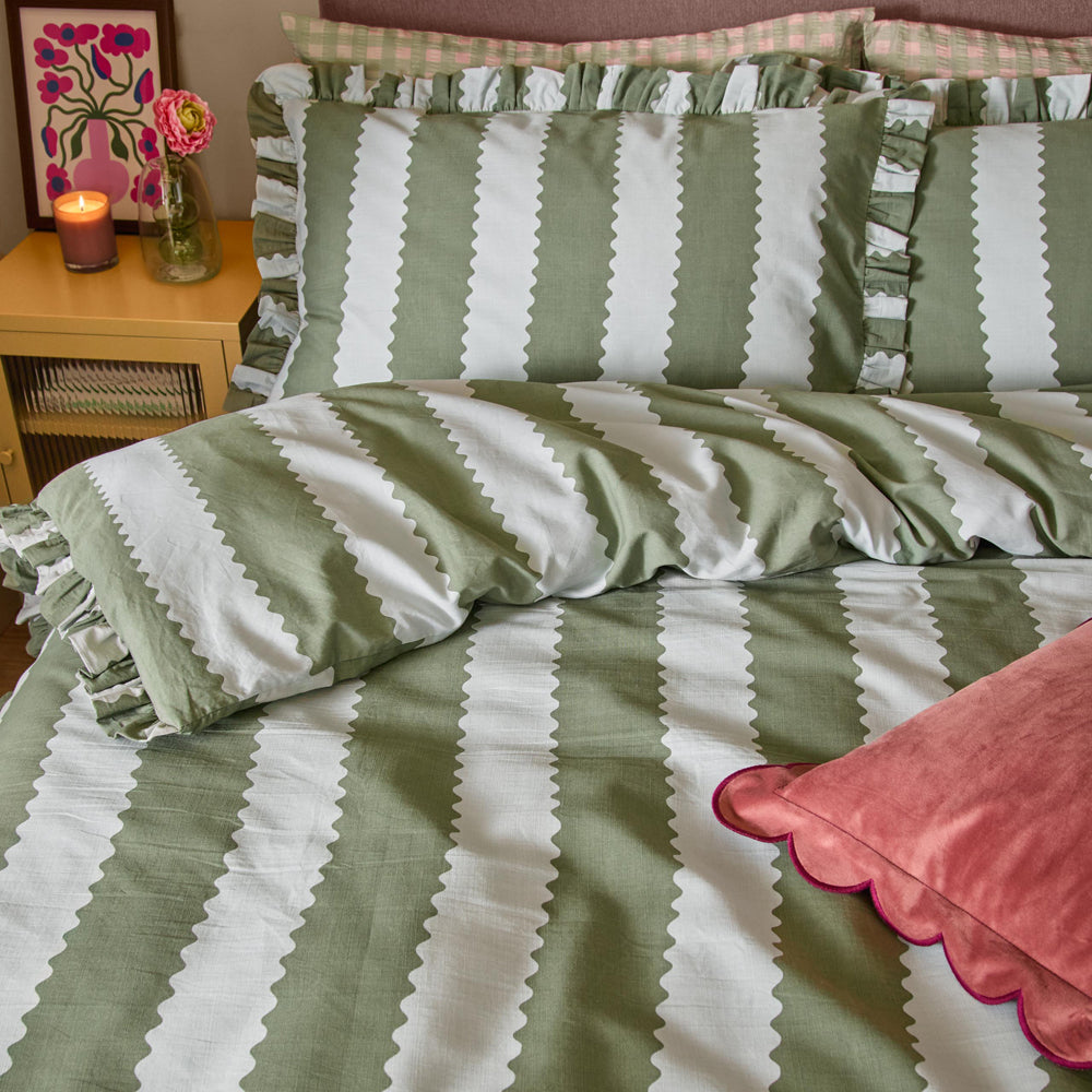 Birdie Stripe Ruffle Duvet Cover Set Bay Green/Mist