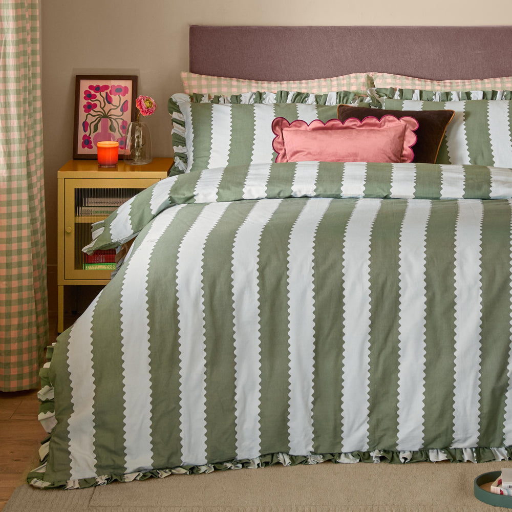 Birdie Stripe Ruffle Duvet Cover Set Bay Green/Mist