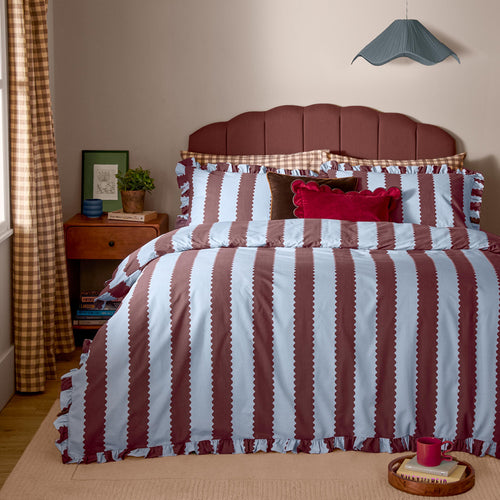 Birdie Stripe Ruffle Duvet Cover Set Blue/Chocolate
