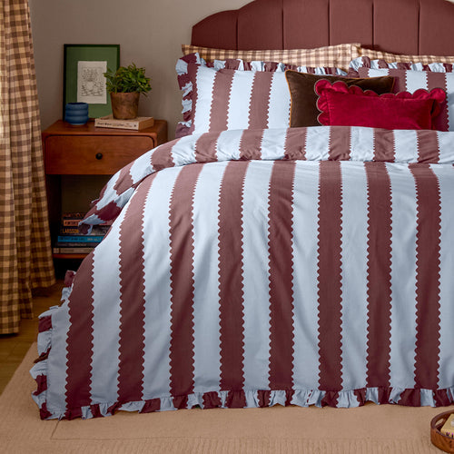 Birdie Stripe Ruffle Duvet Cover Set Blue/Chocolate