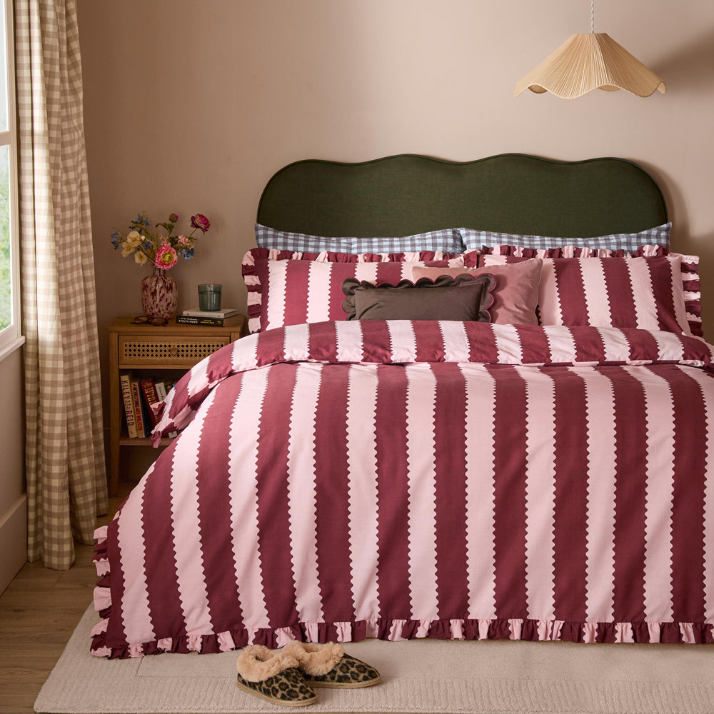Striped Red Bedding  - Birdie Stripe Ruffle Duvet Cover Set Burgundy/Blossom Furn