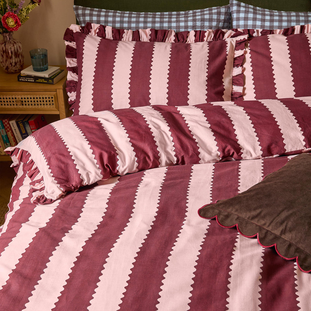 Birdie Stripe Ruffle Duvet Cover Set Burgundy/Blossom