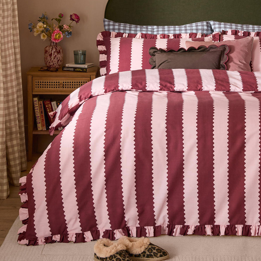 Birdie Stripe Ruffle Duvet Cover Set Burgundy/Blossom