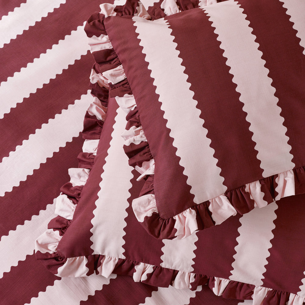 Birdie Stripe Ruffle Duvet Cover Set Burgundy/Blossom