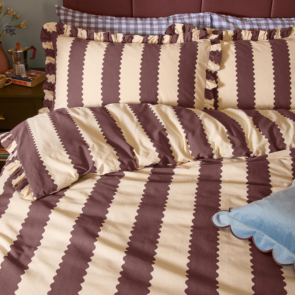 Birdie Stripe Ruffle Duvet Cover Set Buttermilk/Chocolate