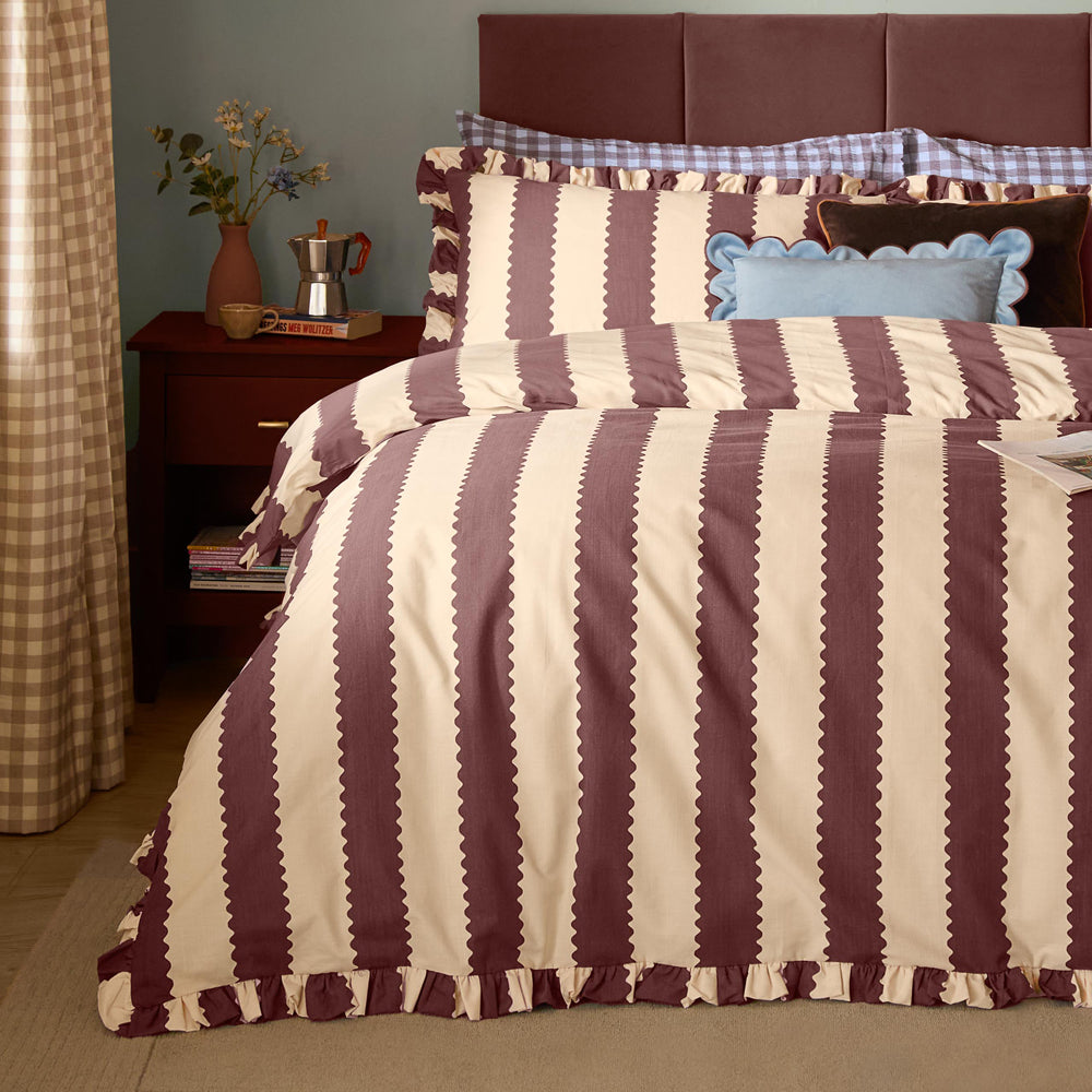 Birdie Stripe Ruffle Duvet Cover Set Buttermilk/Chocolate