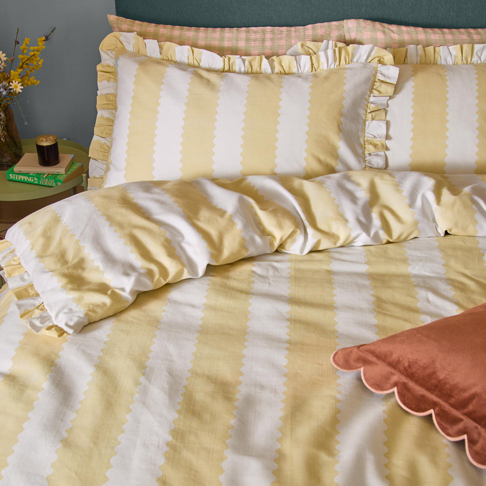 Birdie Stripe Ruffle Duvet Cover Set Butter Yellow