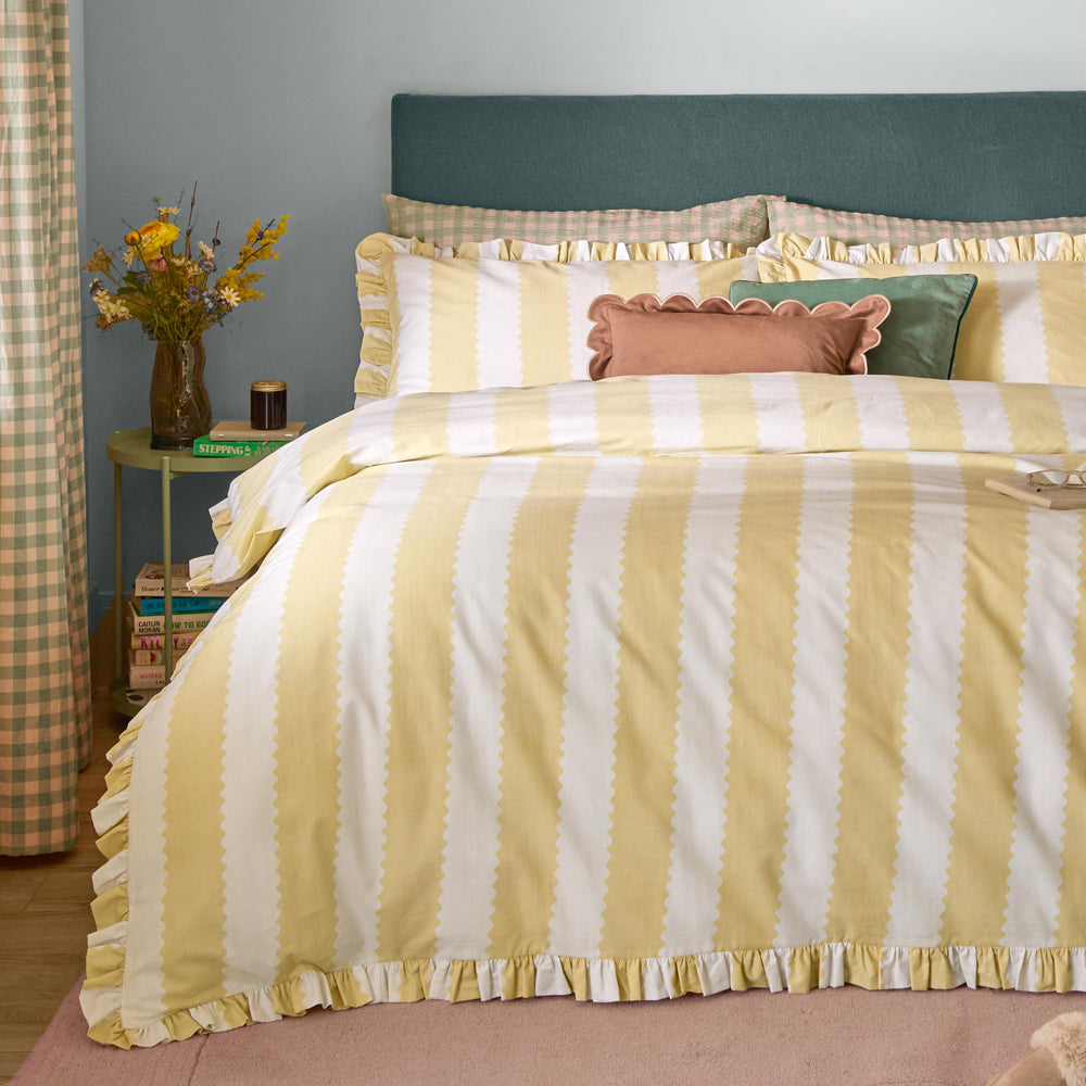 Birdie Stripe Ruffle Duvet Cover Set Butter Yellow
