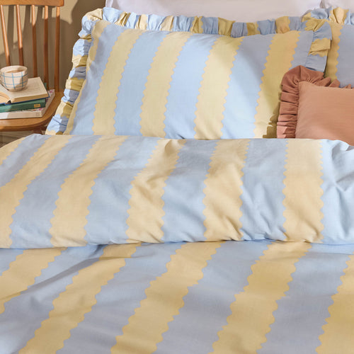 Birdie Stripe Ruffle Duvet Cover Set Lemon/Sky