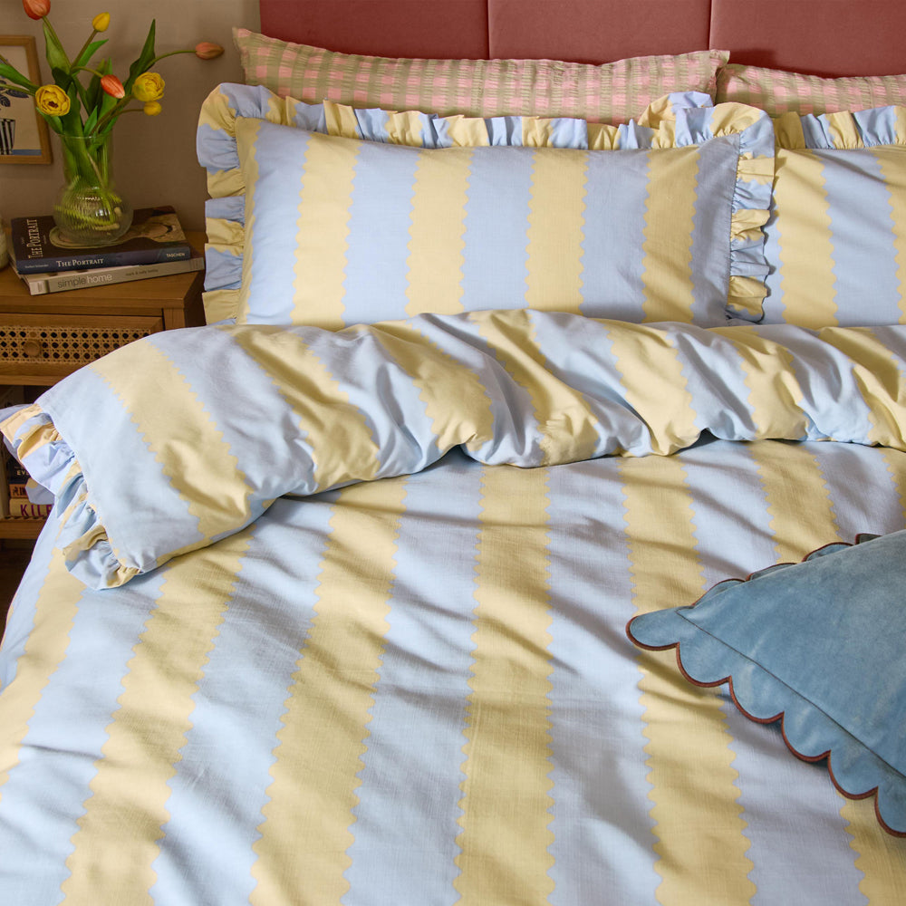 Birdie Stripe Ruffle Duvet Cover Set Lemon/Sky