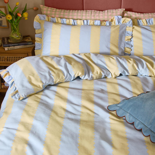 Birdie Stripe Ruffle Duvet Cover Set Lemon/Sky