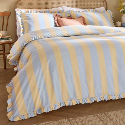 Birdie Stripe Ruffle Duvet Cover Set Lemon/Sky