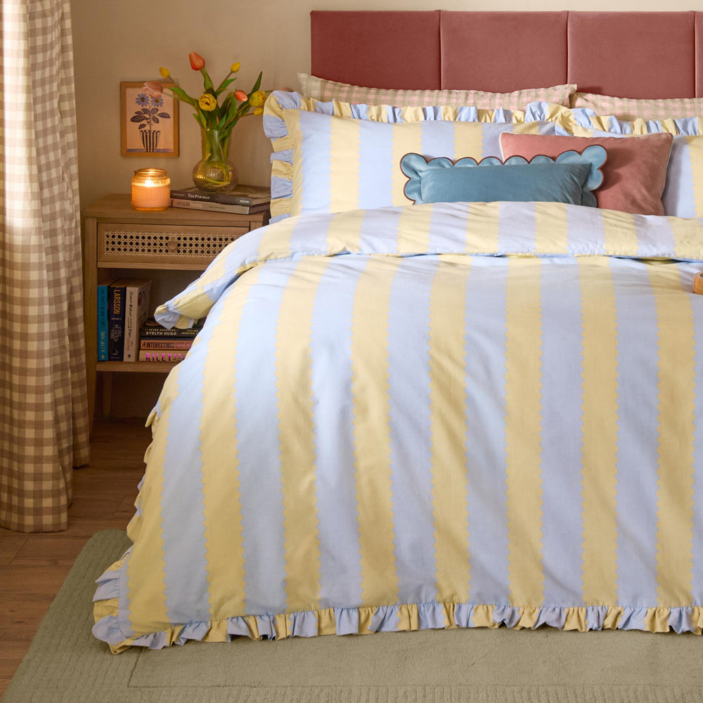 Birdie Stripe Ruffle Duvet Cover Set Lemon/Sky