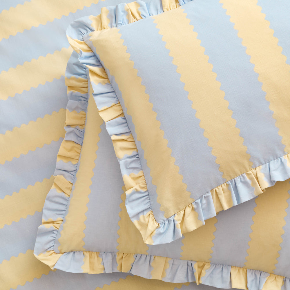 Birdie Stripe Ruffle Duvet Cover Set Lemon/Sky