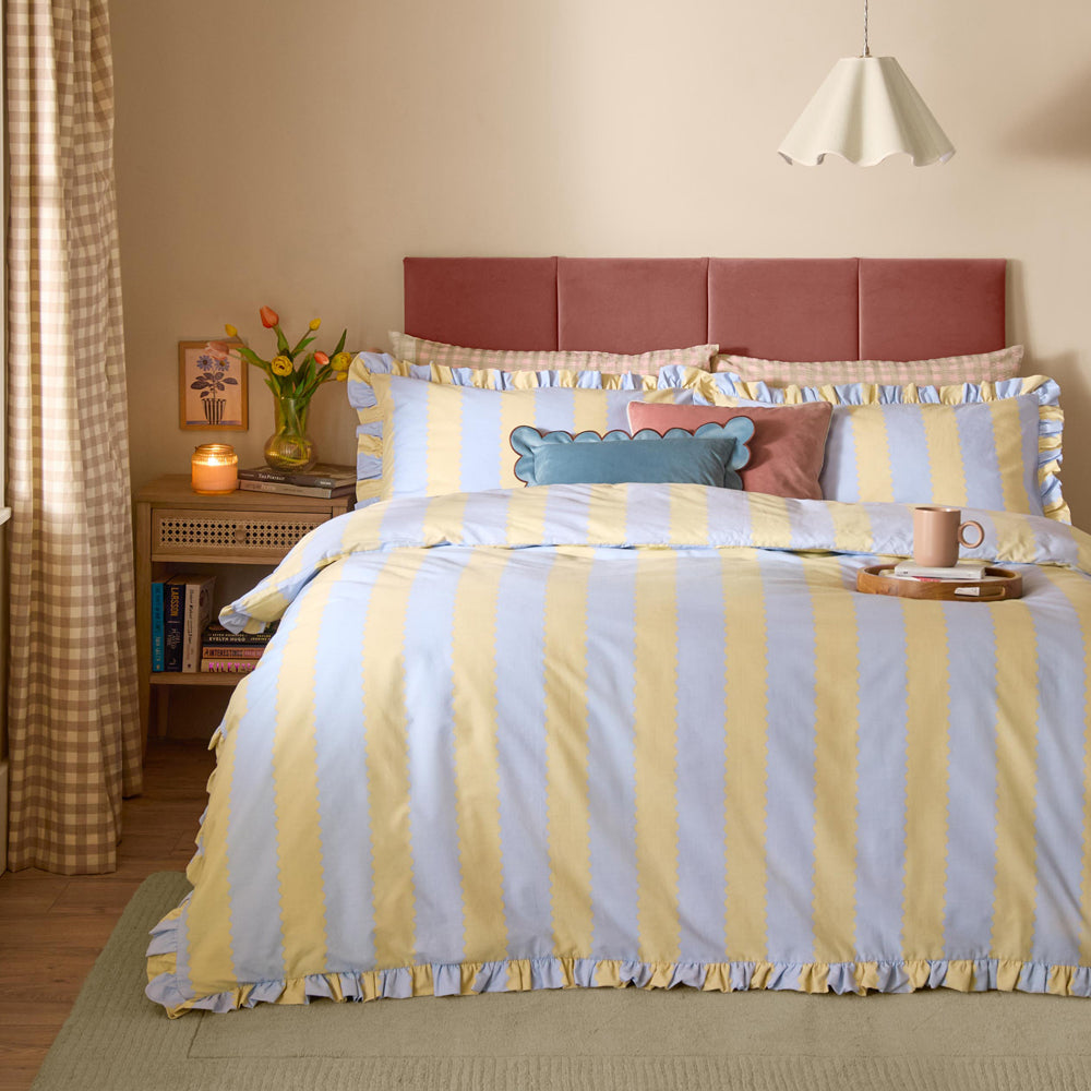 Birdie Stripe Ruffle Duvet Cover Set Lemon/Sky