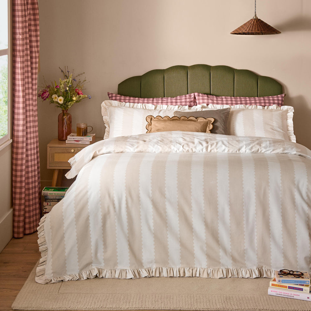 Birdie Stripe Ruffle Duvet Cover Set Oat/Milk