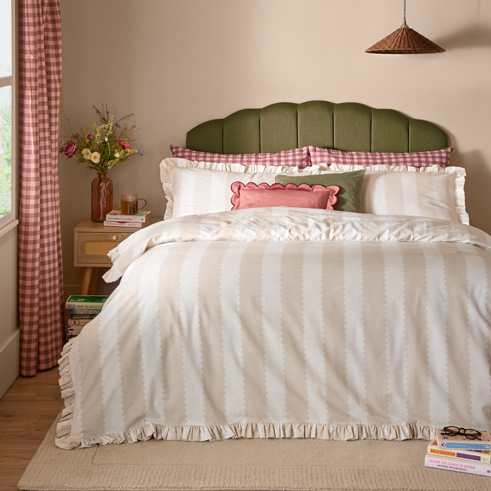 Striped Beige Bedding - Birdie Stripe Ruffle Duvet Cover Set Oat/Milk Furn