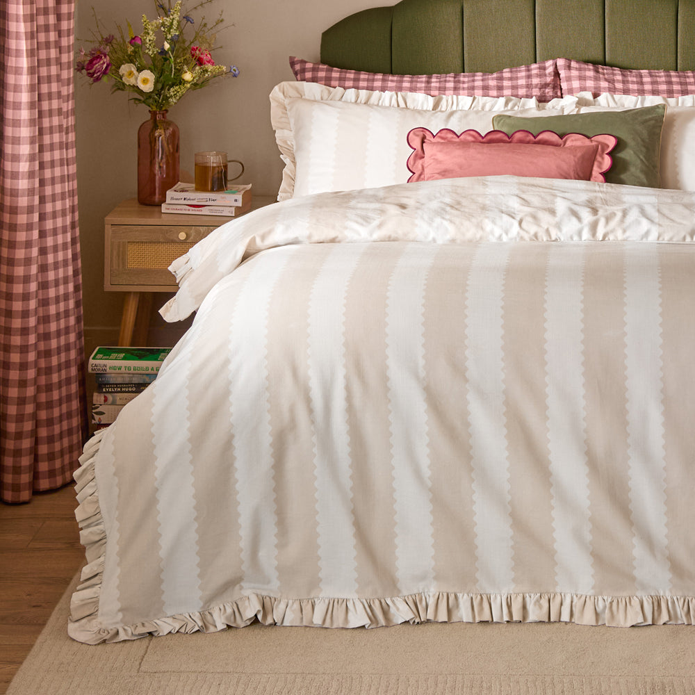 Birdie Stripe Ruffle Duvet Cover Set Oat/Milk
