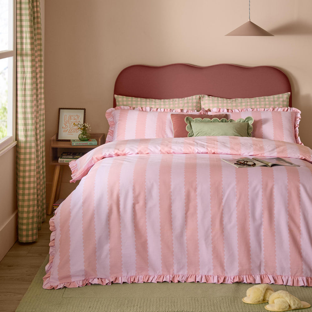 Striped Pink Bedding - Birdie Stripe Ruffle Duvet Cover Set Pink/Raspberry Furn