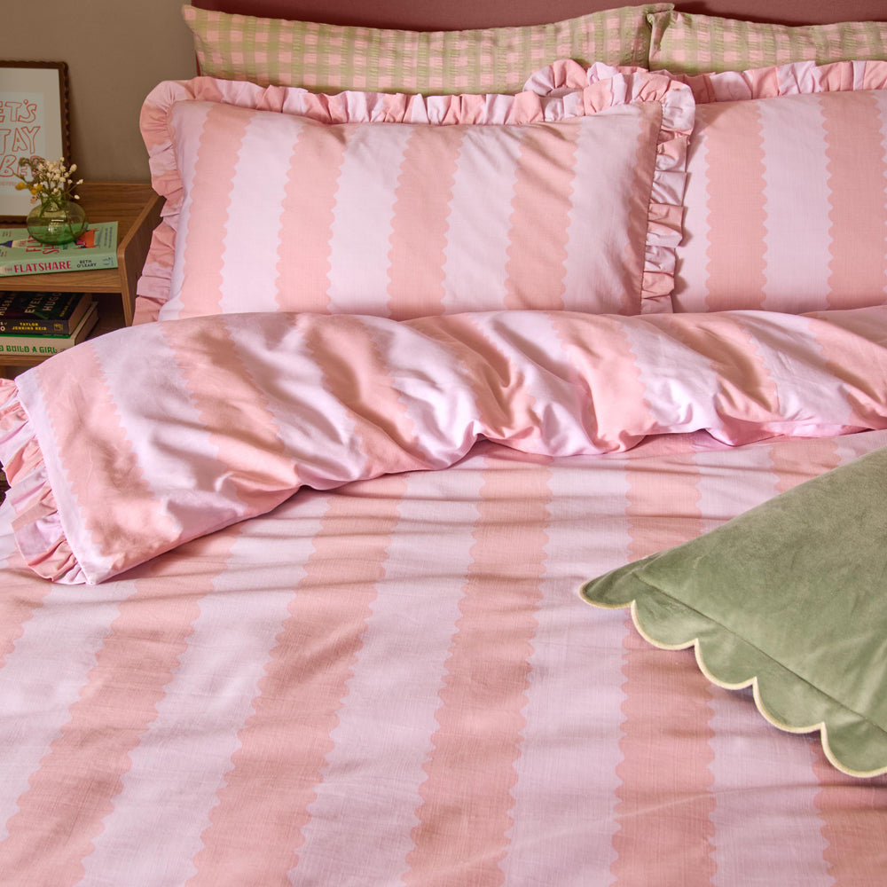 Birdie Stripe Ruffle Duvet Cover Set Pink/Raspberry