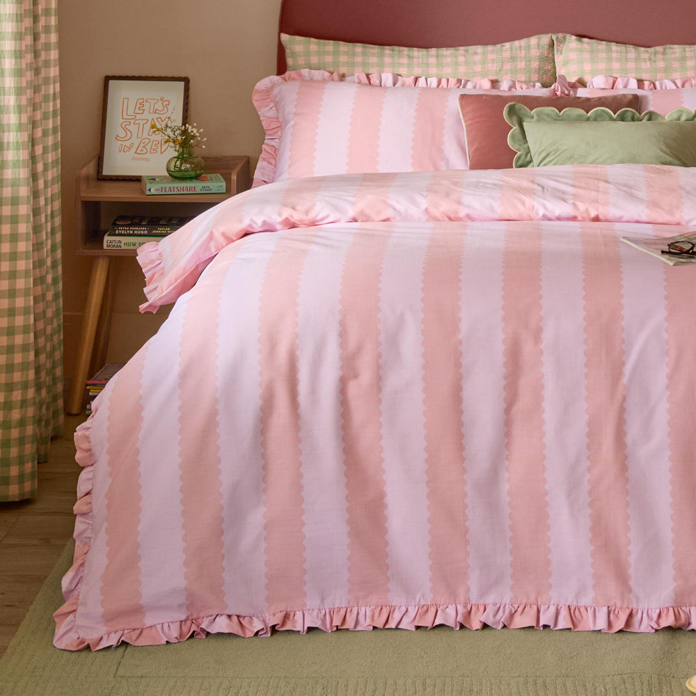 Birdie Stripe Ruffle Duvet Cover Set Pink/Raspberry