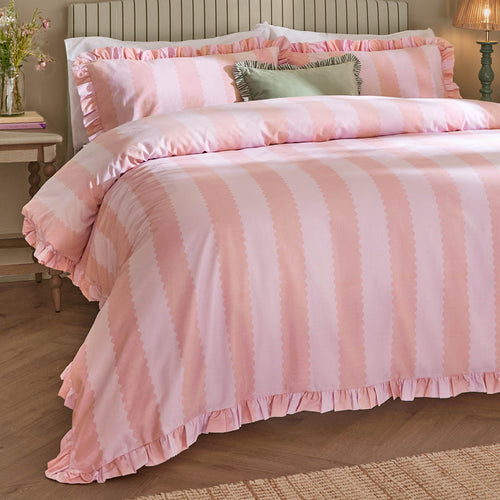 Birdie Stripe Ruffle Duvet Cover Set Pink/Raspberry