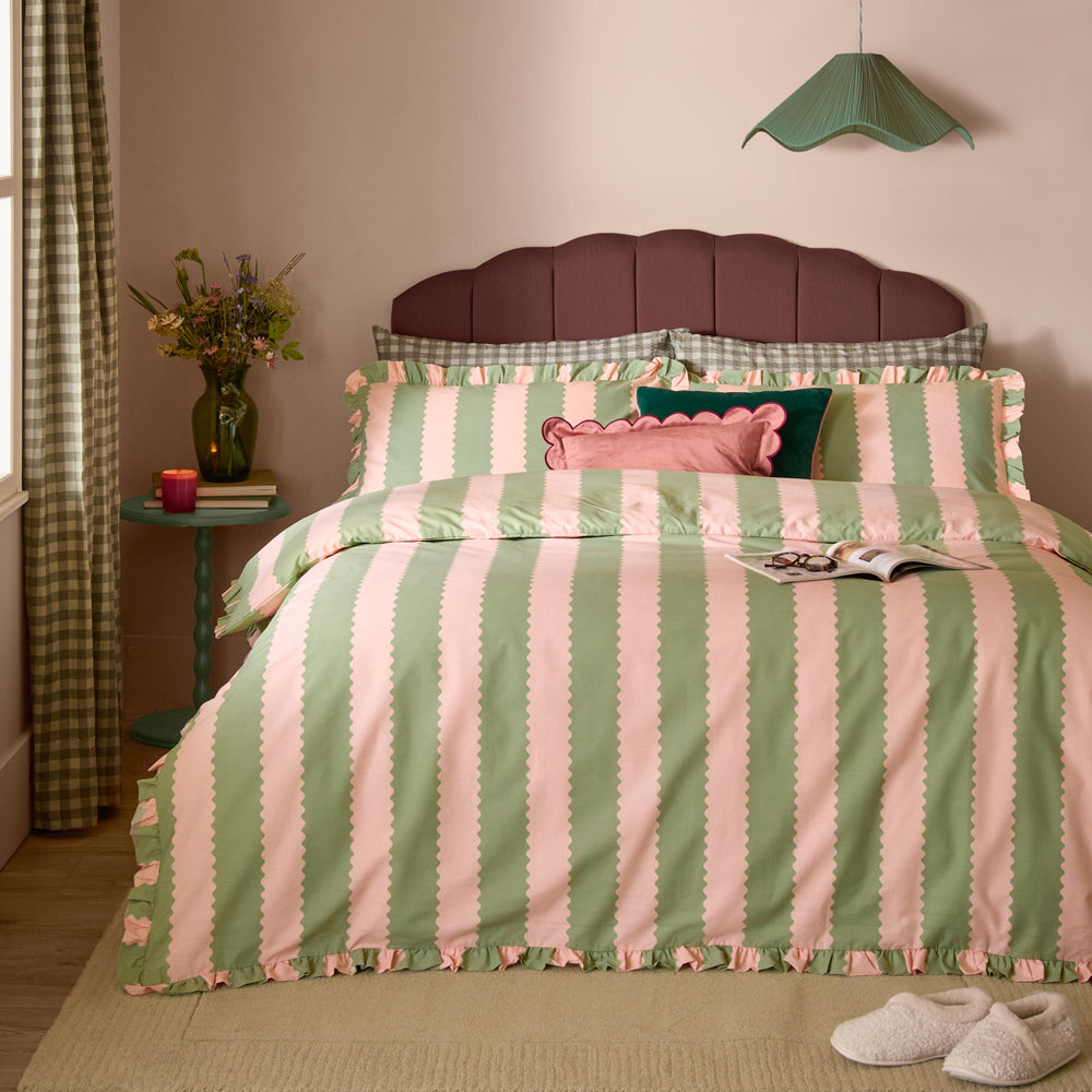Striped Multi Bedding - Birdie Stripe Ruffle Duvet Cover Set Pink/Green Furn