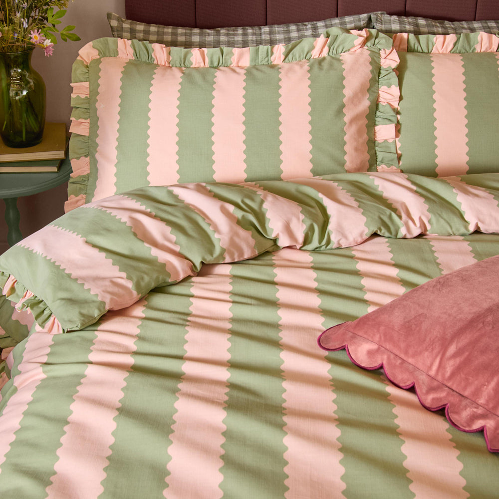 Birdie Stripe Ruffle Duvet Cover Set Pink/Green