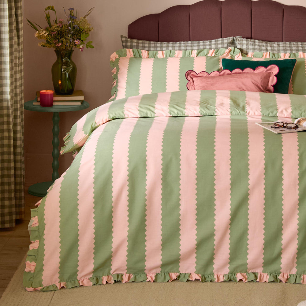 Birdie Stripe Ruffle Duvet Cover Set Pink/Green