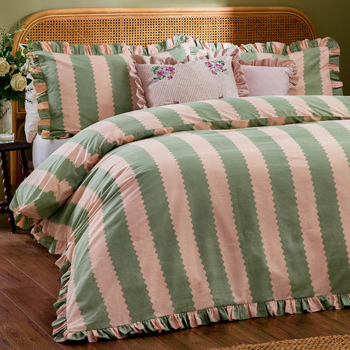 Striped Multi Bedding - Birdie Stripe Ruffle Duvet Cover Set Pink/Green Wylder Nature