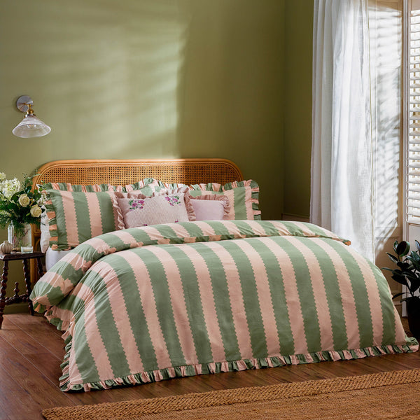 Birdie Stripe Multi Ruffle Duvet Cover Set | Pink/Green Bedding ...
