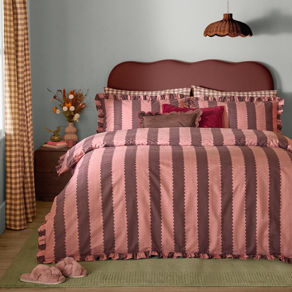 Birdie Stripe Ruffle Duvet Cover Set Rose/Chocolate