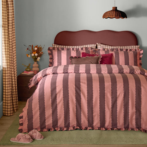 Striped Pink Bedding - Birdie Stripe Ruffle Duvet Cover Set Rose/Chocolate Furn