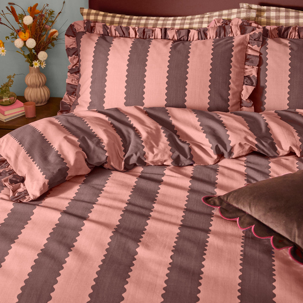 Birdie Stripe Ruffle Duvet Cover Set Rose/Chocolate