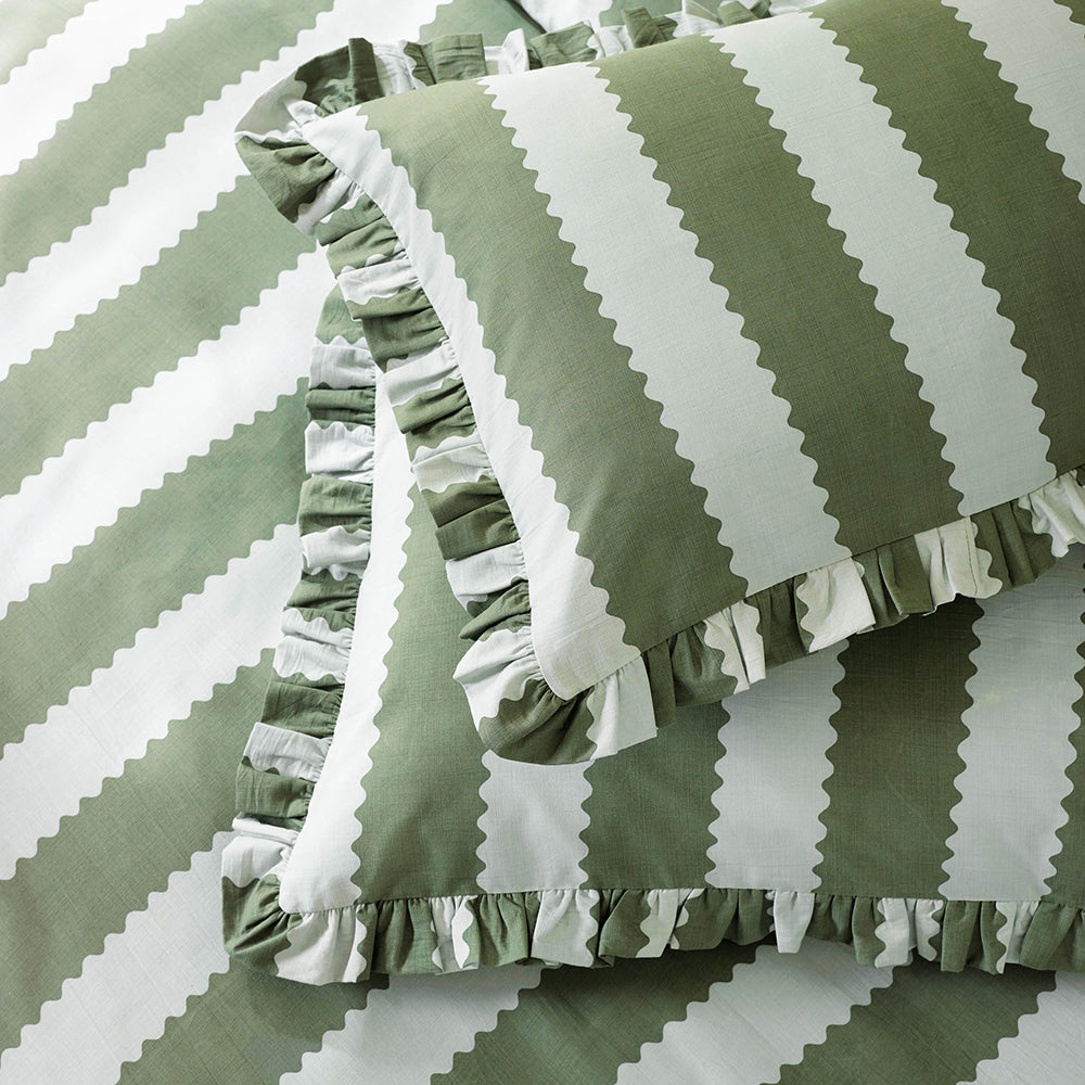 Striped Green Bedding - Birdie Stripe Ruffle Pillowcase Pair Bay Green/Mist Furn