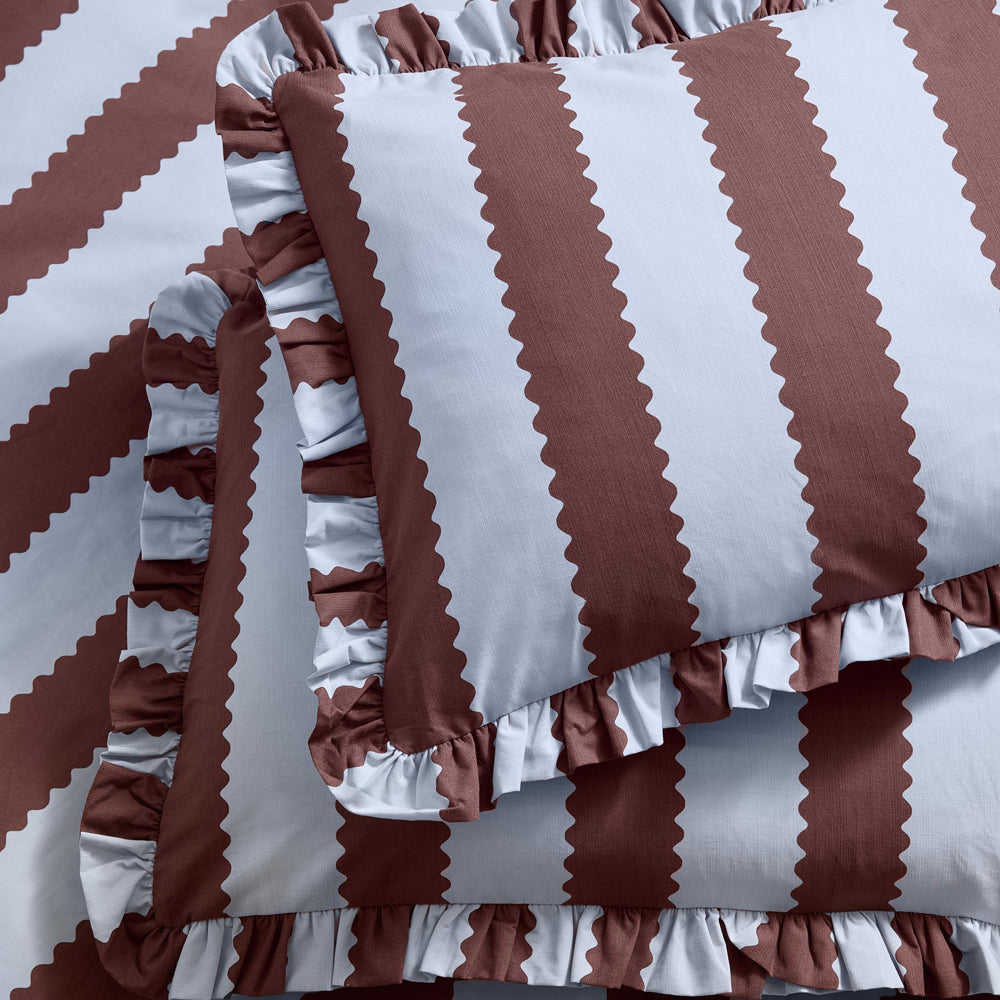 Striped Blue Bedding - Birdie Stripe Ruffle Pillowcase Pair Blue/Chocolate Furn