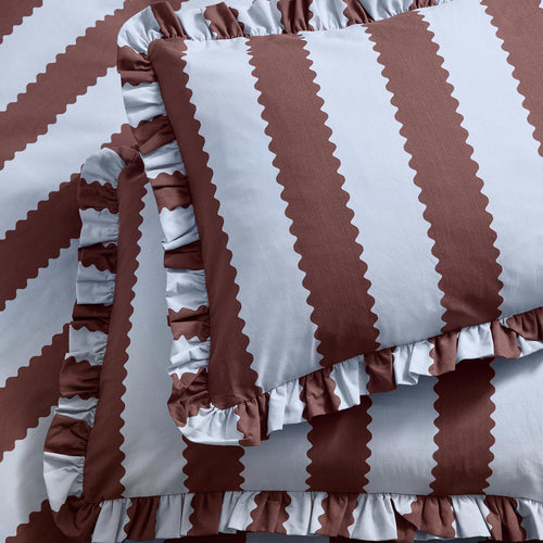 Birdie Stripe Ruffle Pillowcase Pair Blue/Chocolate
