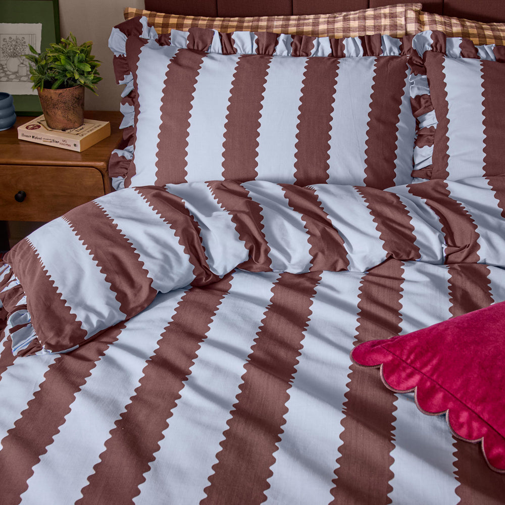 Birdie Stripe Ruffle Pillowcase Pair Blue/Chocolate