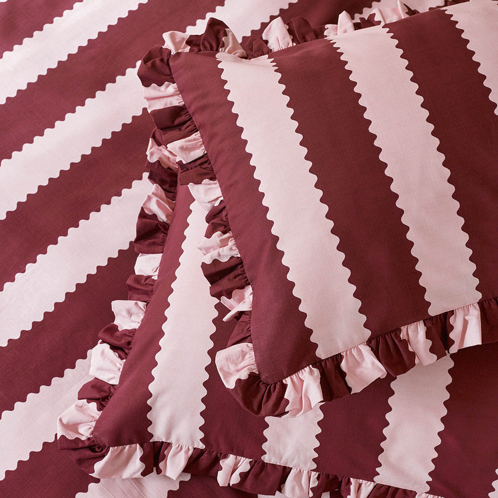 Striped Red Bedding - Birdie Stripe Ruffle Pillowcase Pair Burgundy/Blossom Furn