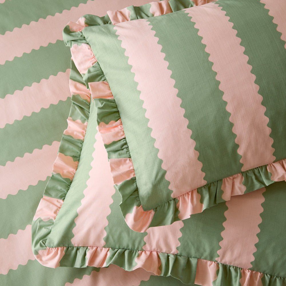 Striped Pink Bedding - Birdie Stripe Ruffle Pillowcase Pair Pink/Green Furn