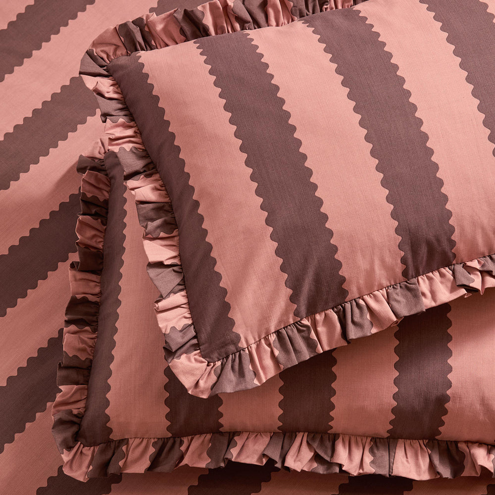 Birdie Stripe Ruffle Pillowcase Pair Rose/Chocolate