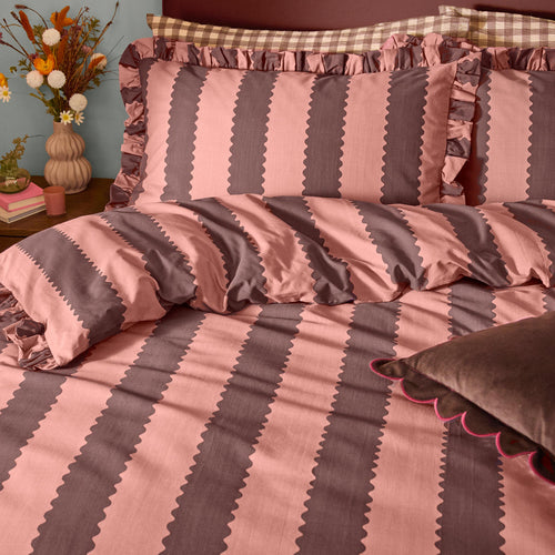 Birdie Stripe Ruffle Pillowcase Pair Rose/Chocolate